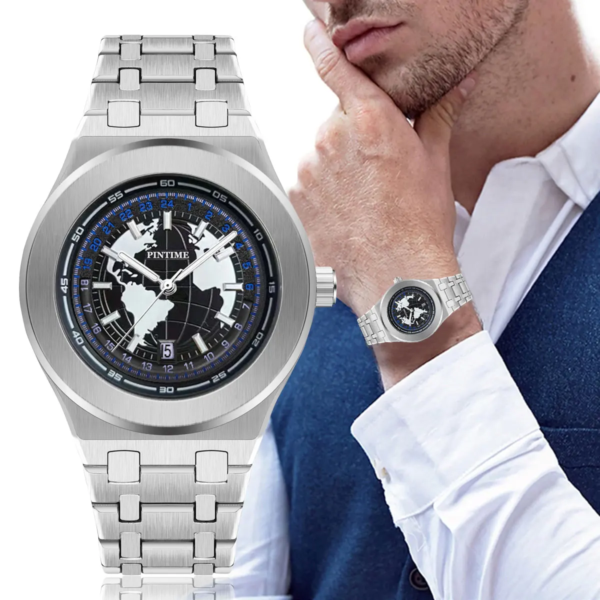 Men's Quartz Watch, Earth-Themed Large Dial, Water-Resistant and Luminous for Casual and Business Wear, Stainless Steel Watch, S