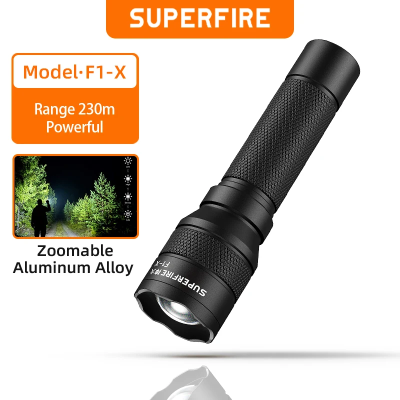 SUPERFIRE F1-X Led Flashlight Super Bright Zoomable torch Long Range 230m Portable rechargeable 18650 tactical Camping Lamp