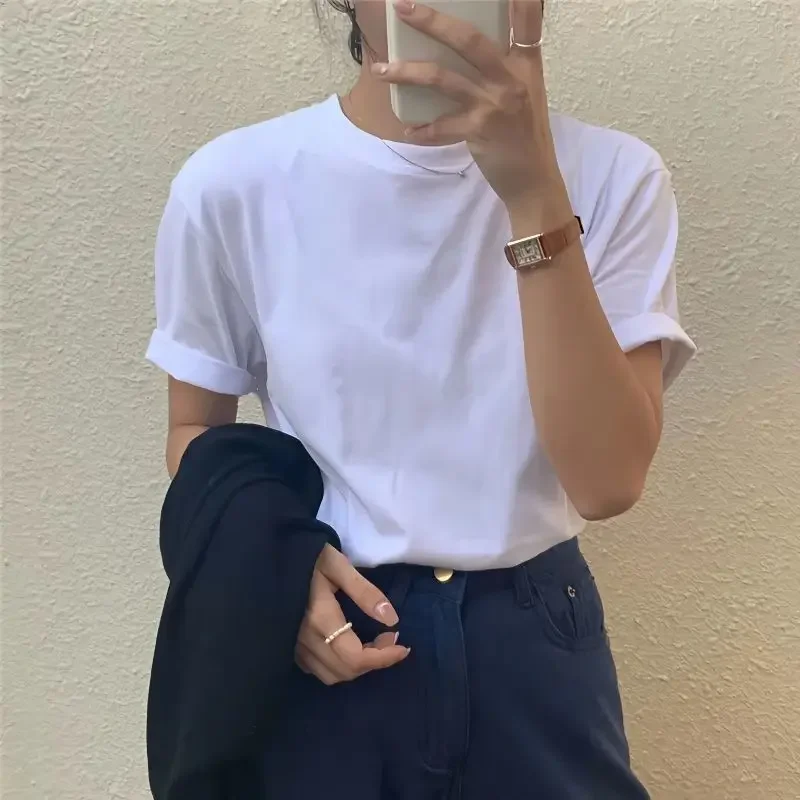 Korean Shoulder Length White T-shirt Women Summer Pure Cotton Top Short Sleeved Summer Top Loose Casual Bottom Shirt Clothing