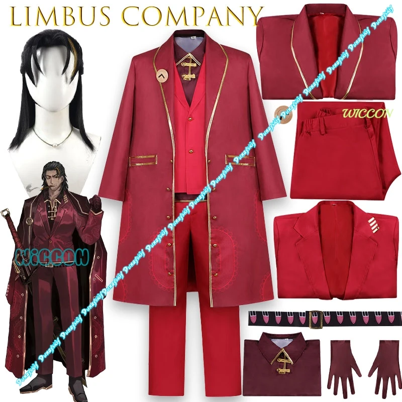 

Lei Heng Limbus Company Cosplay Costume Red Satin Long Coat Formal Suit Uniform Men Halloween Carnival Party Suit Anime Game