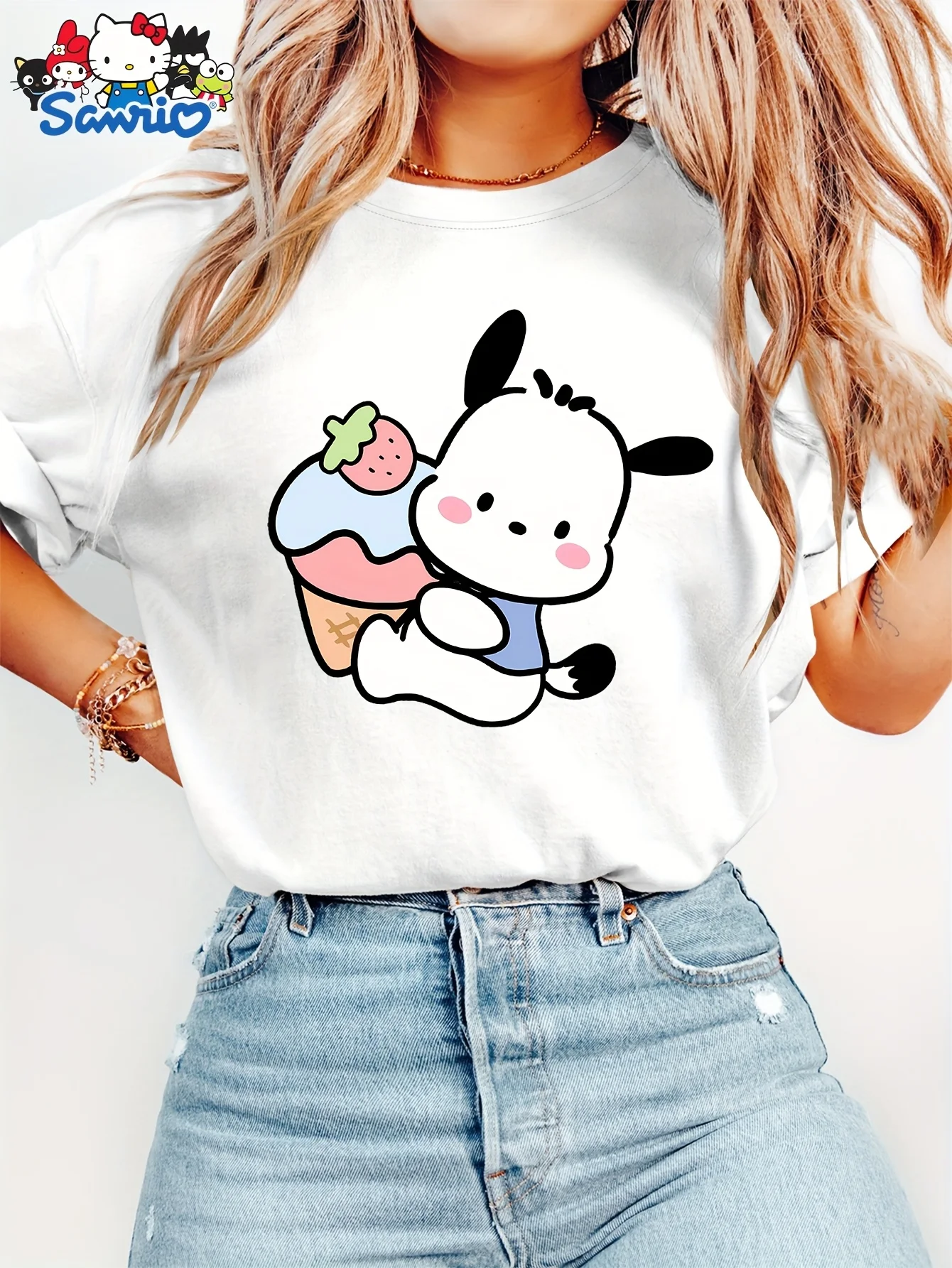 Sanrio Hello Kitty & for Pochacco T Shirt Women's Men Cotton Tee O-Neck Casual Oversized Short Sleeve Loose Streetwear Fashion