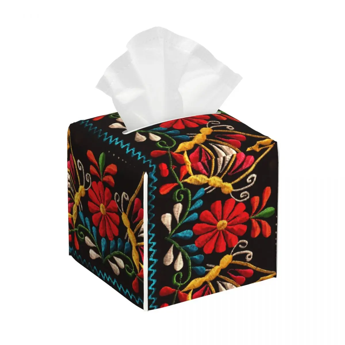 Custom Mexican Butterflies And A Red Flower Tissue Box Cover Square PU Leather Colorful Facial Tissues Holder for Office