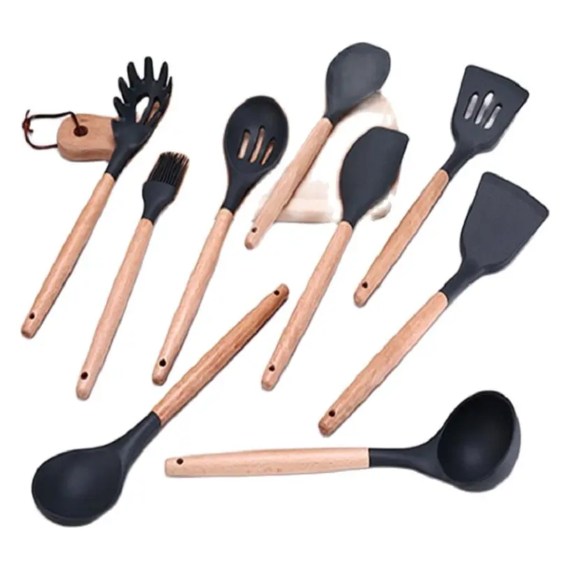 Silicone Kitchen Cooking Spatula Spade Turner Soup Spoon With Wooden Handle Baking Tools