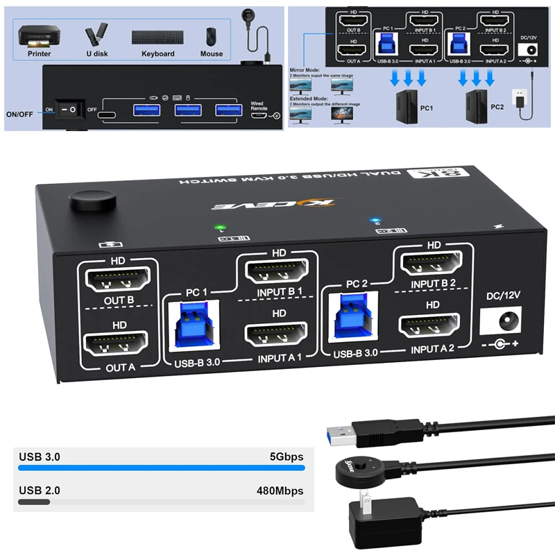 USB Splitter Switch dock station Game live screen splitter USB HUB 8K USB 3.0 HDMI-compatible KVM Switch Synchronous Controller