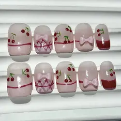 10 Pcs Summer Sweet 3D Cherry Manicure Sweetheart Cute Bow Pink Nail Art Hands-painted French Handmade Press On Nails Short