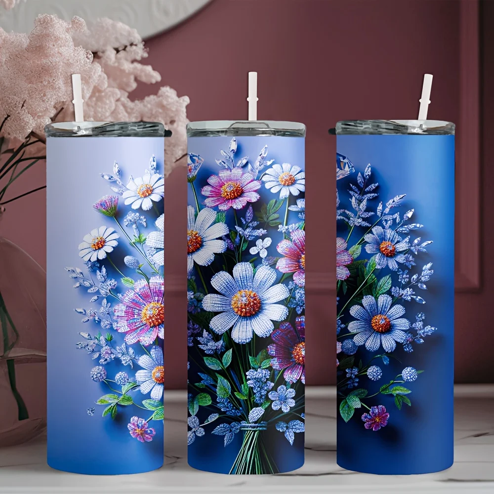1pc 20oz Stainless Steel Insulated Tumbler with Diamond Bouquet Design, Keeps Drinks Hot or Cold for Car/Home Use - Gift Idea to Family & Friends (Includes Straw)