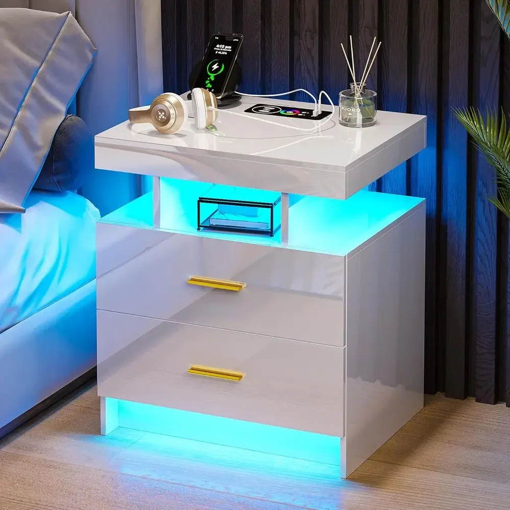 

LED Nightstand with Charging Station, ern White Bede Table with Body Sensor Light, Night Stand with 2 Storage Ders & 24 Color Ch