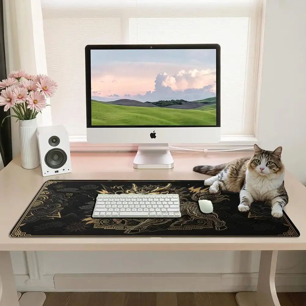 Black Gold Kylin Qilin Large Mouse Pad Chinese Mythical Auspicious Beast Anti‑Slip Rubber Desk Mat escritorio accesorios