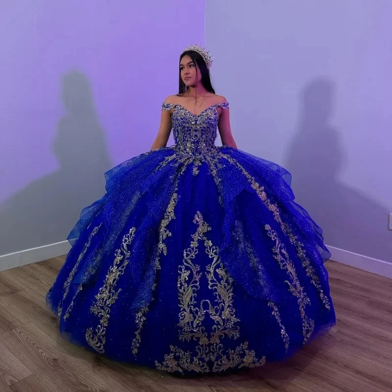 ANGELSBRIDEP błyszczące królewskie niebieskie sukienki na quinceanera kryształowe złoto frezowanie koronkowe urodziny suknia księżniczki Vestidos De 15 Anos