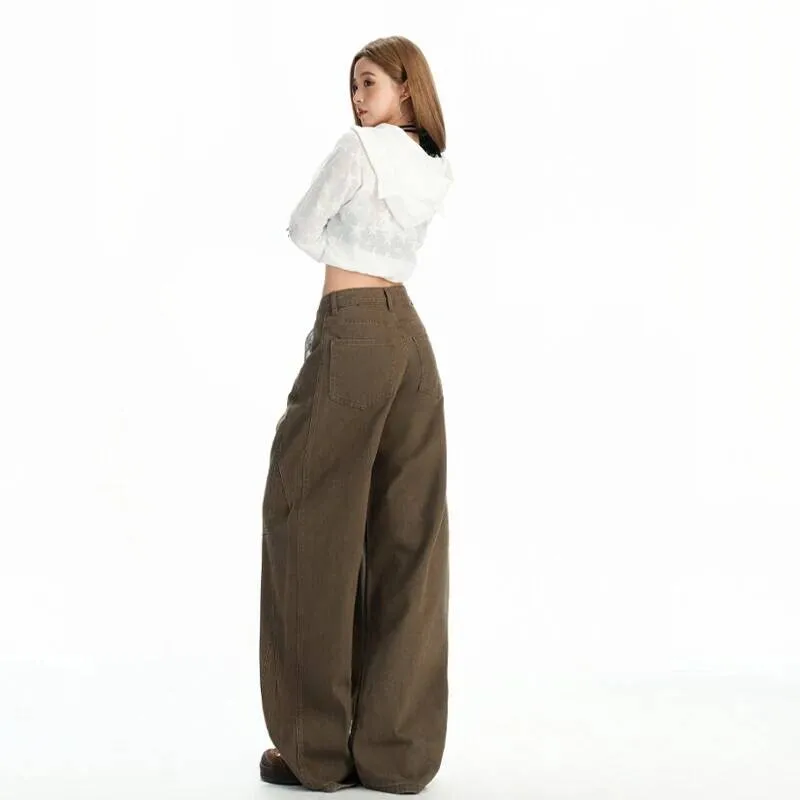 

Retro Brown Denim Jeans Loose Wide Leg Pants Casual Low Waist Cotton Material For Men And Women
