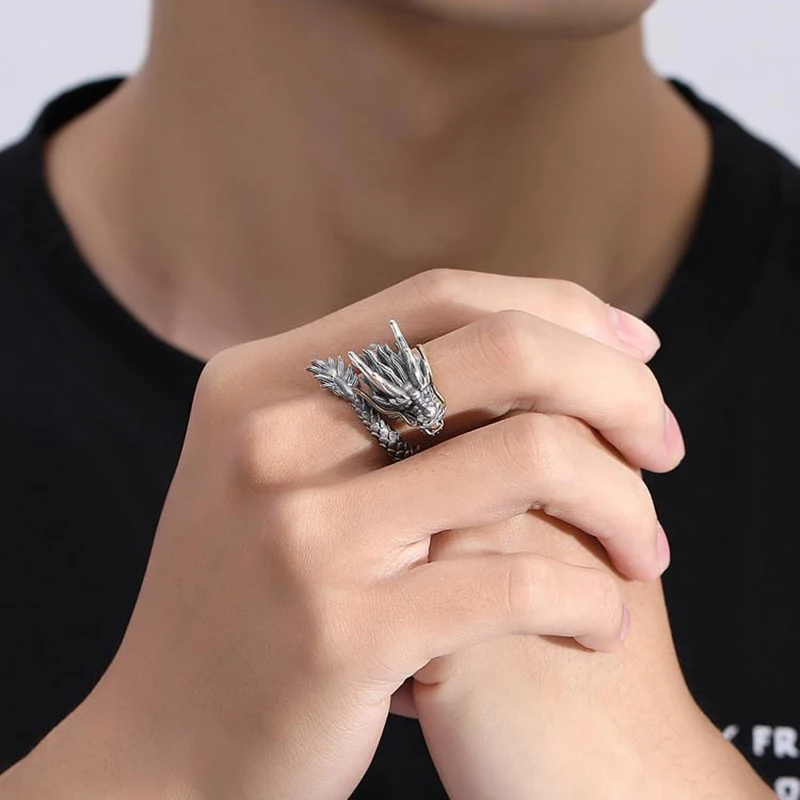 3D Carved Vintage Dragon 925 Silver Ring Men Adjustable Size Opening Finger Wrap Ring For Boyfriend Party Domineering Gifts