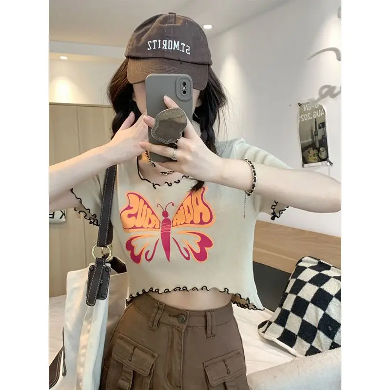 Summer Trend Printing O-neck Short Sleeve Top Tee Femme Sweet Pleated Pullover Slim Thin T-Shirt Women Clothing Fashion Crop Top