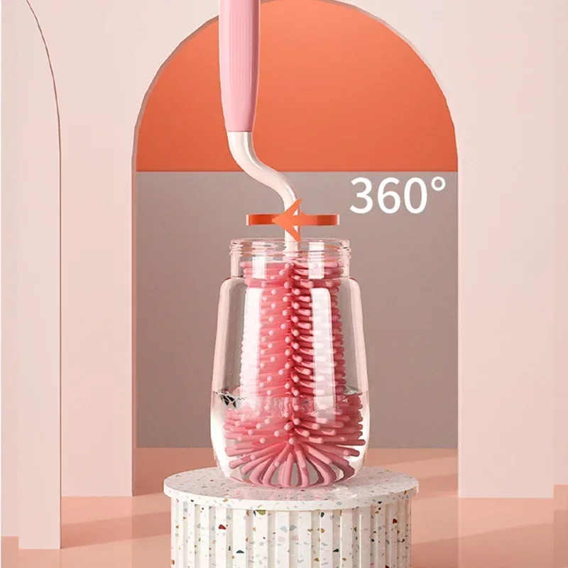 Silicone Baby Pacifier Straw Scrubber Small Brush Bottle Cleaning Brush 360 Degree Glass Cup Washing Cleaning Tool Pink/Blue