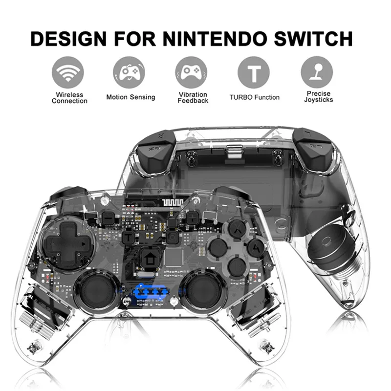 Wireless Bluetooth Controller Gamepad For Switch Pro Crystal Shell Joystick Trigger 6-Axis Gyro Sensor Game Pad