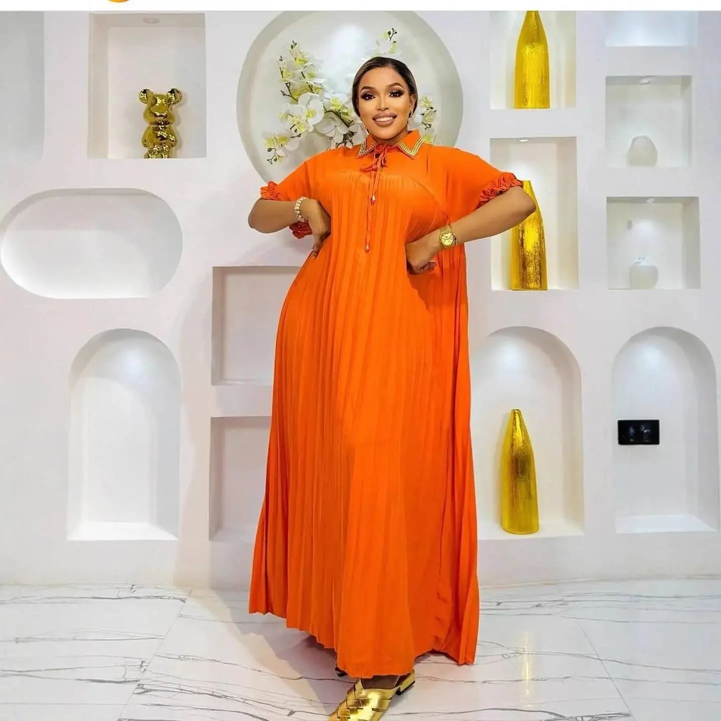 

Plus Size Women's Orange Turn-down Collar Pleated Dress Loose Slimming Long Elegant Casual Maxi Dress Elegantes Casual Y2k