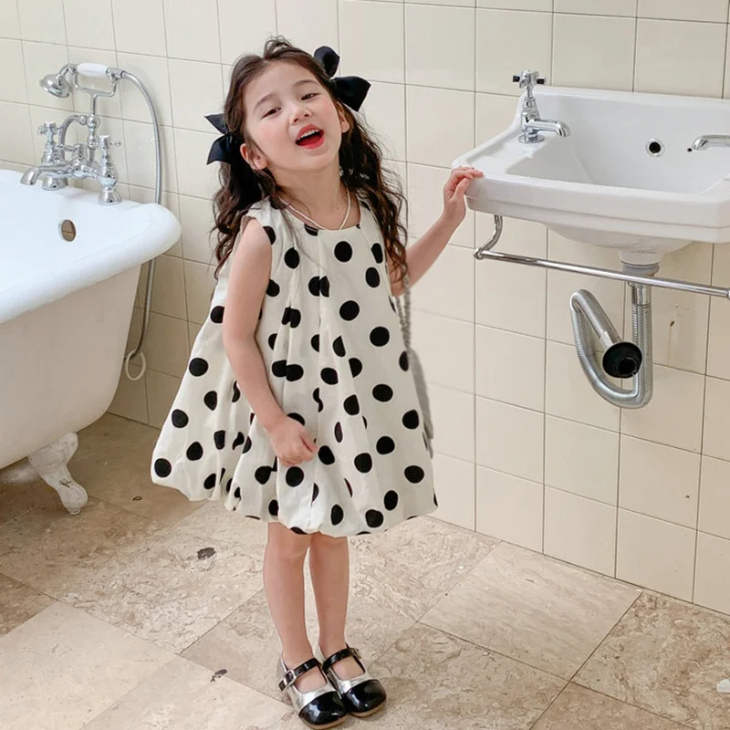 Summer Girls Dress Sweet Polka Dot Princess Dress Kids Girls Puffy Sleeveless Dress Round Collar Baby Children Casual Clothing