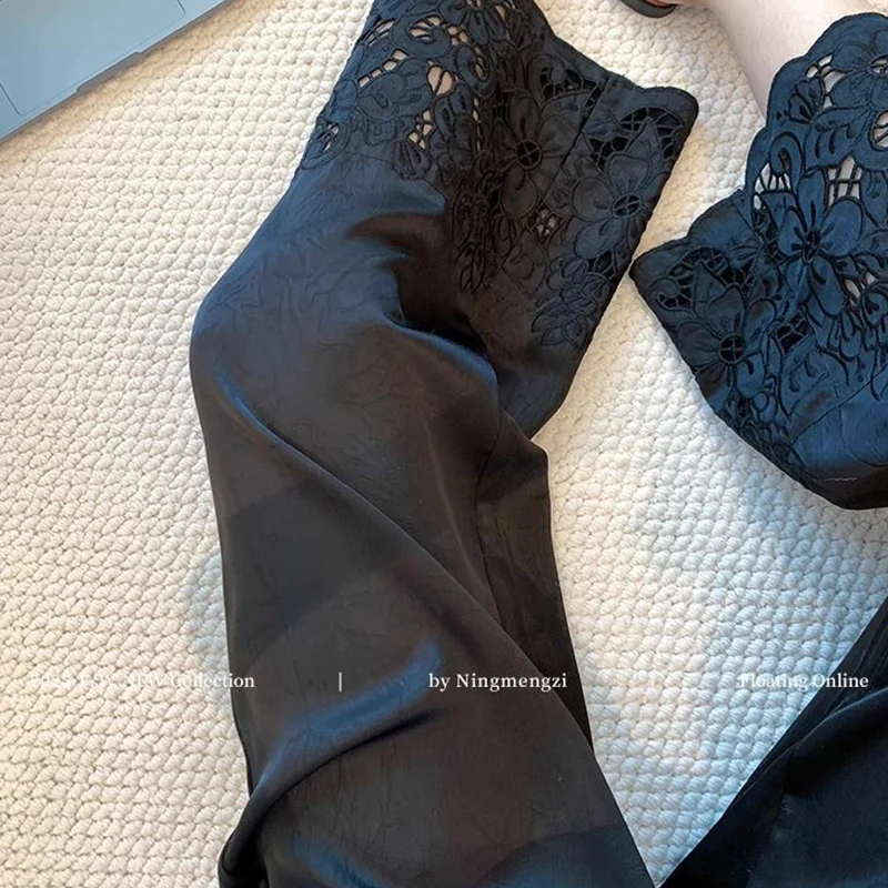 Ladies Office Lady Simplicity Lace Patchwork Black Elastic Waist Straight Summer Chinese Style Hollow Out Slim Wide Leg Pants