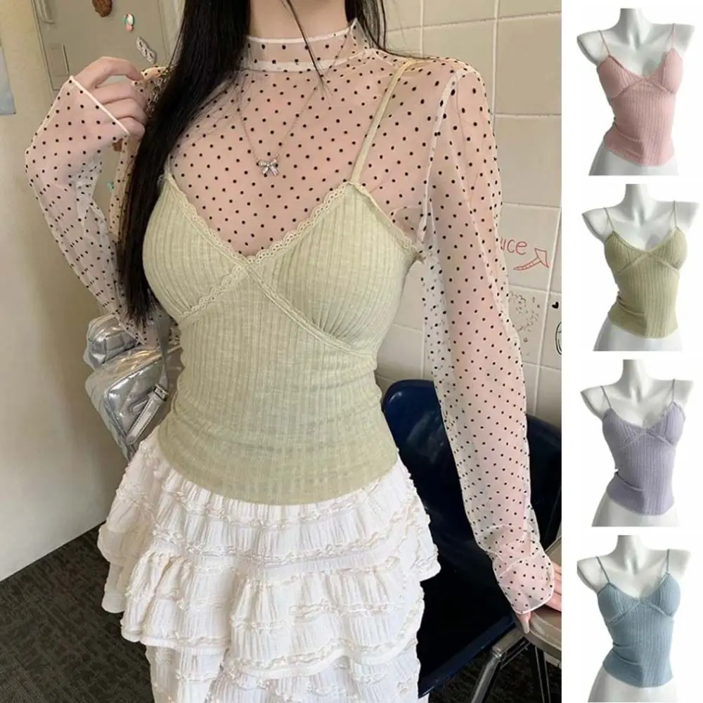 

All-match Sleeveless Lace V-neck Camisole Vest Sweet Bra with Pads Camisole Undershirt Korean Style Slim Crop Top Women Girl