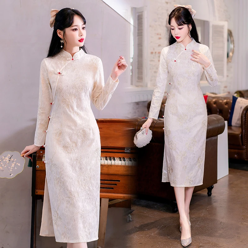 High-end Chinese Traditional Cheongsam Good Quality Elegant and Pretty Women's Improved Long Sleeve Qipao Dress Modern Clothing