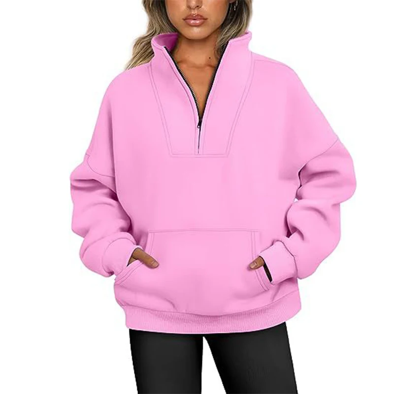 Custom Women's Autumn Oversized Quarter 1/4 Zip Sweatshirts Lapel Collar Long sleeve Drop Shoulder Solid Pullover Jumper Top