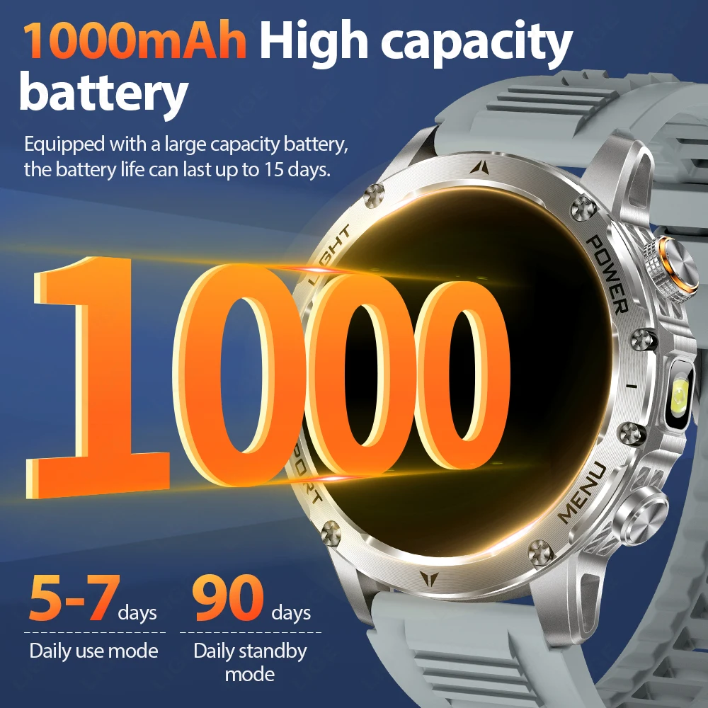 LIGE 1.7 بوصة 1000mAh الرياضة في الهواء الطلق مراقبة اللياقة البدنية ساعة ذكية 2025 جديد بلوتوث دعوة IP68 مصباح يدوي مقاوم للماء Smartwatch