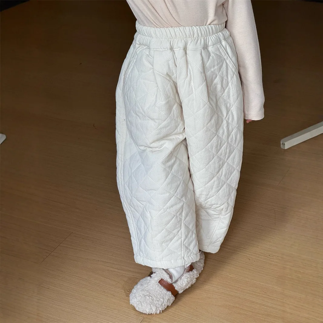 Warm Thickened Boys and Girls Autumn and Winter Quilting Cotton Rhombus Casual Thickened Solid Color Loose Radish Harlan Pants