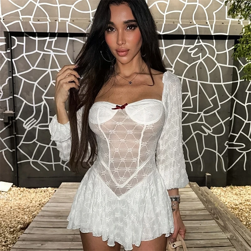 Sexy Hollow Out Bodycon Lace Dress Long Sleeve Off Shoulder Cocktail Party Dress For Women Slim Fit Evening Party Dress