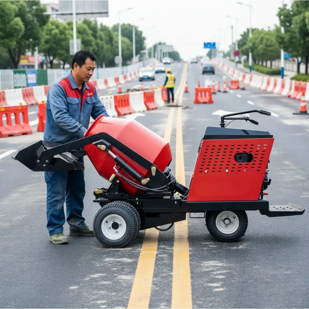 Self Propelled Rubber Track Cement Mixing Drum With Loader Hydraulic Self-feeding Bucket Small Rural Construction Machine