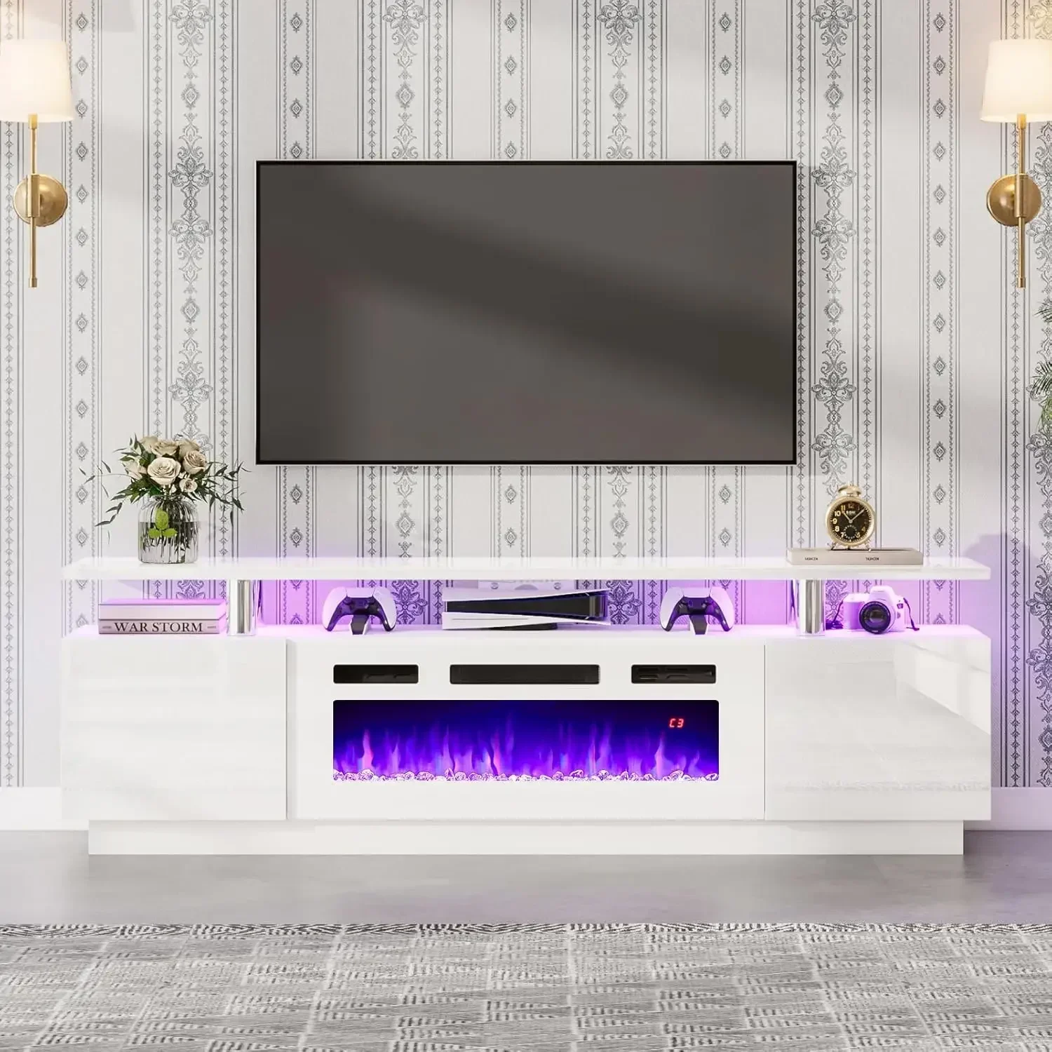 Modern Fireplace TV Stand with 36" Electric Fireplace High Gloss Finish Media Console with Open Storage LED Lights Entertainment