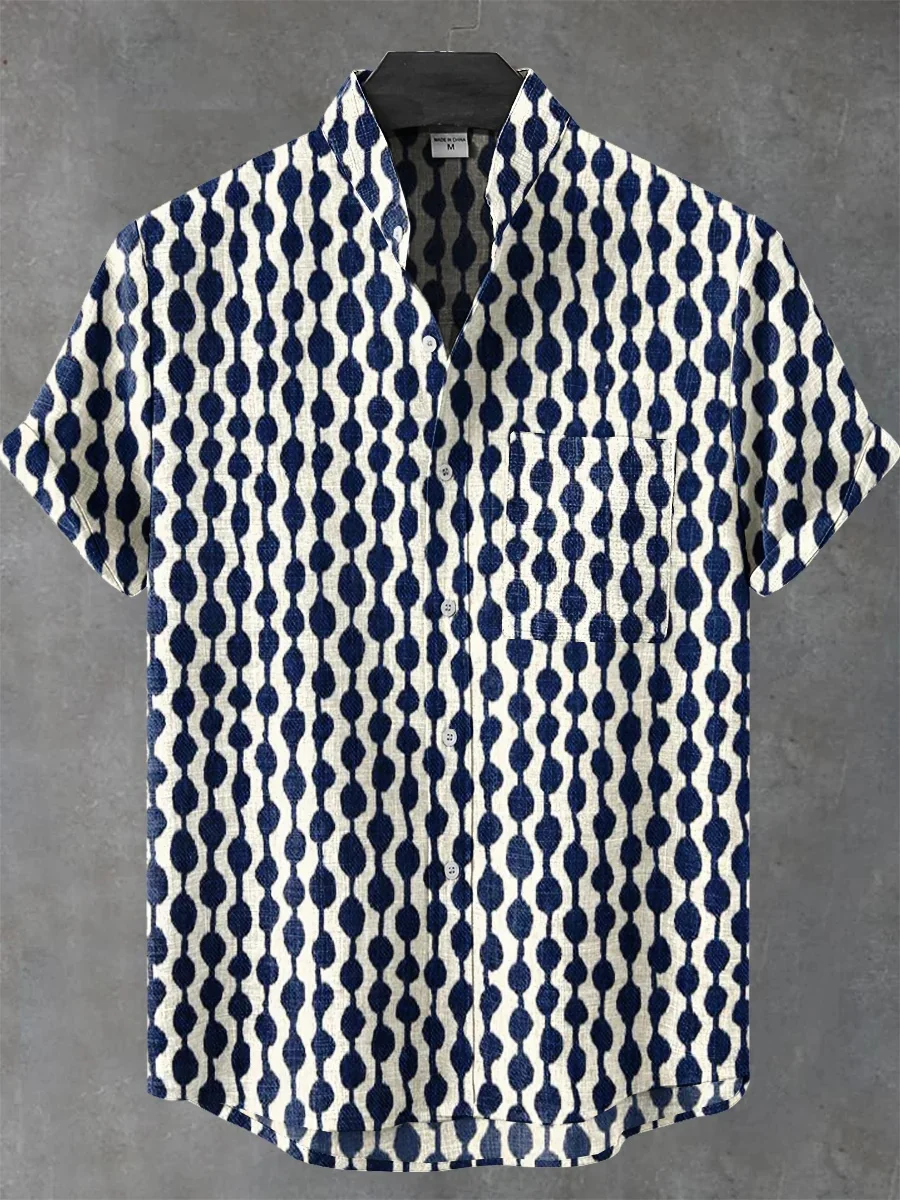 New men's linen short-sleeved fashionable petal art pattern retro comfortable turtle casual high-quality button top