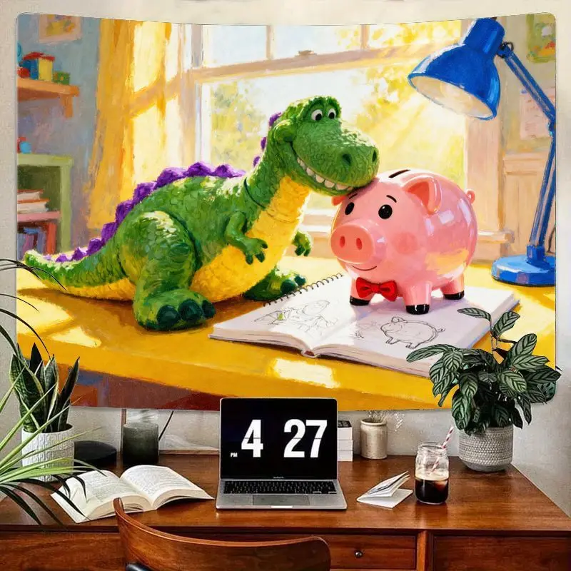 

1PC Sunny Study Room Dinosaur & Piggy Tapestry, Adorable Cartoon Polyester Wall Art for Kids Bedroom Living Room Dorm Aesthetic