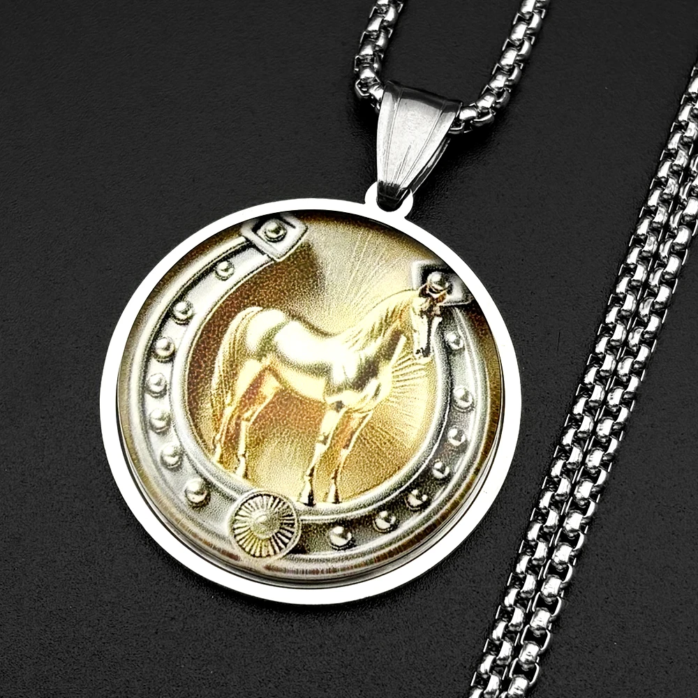 Horse Horseshoe Necklace For Women Men Stainless Steel Window Glass Western Lucky Charm Pony Cowboy U Shape Chain Jewelry