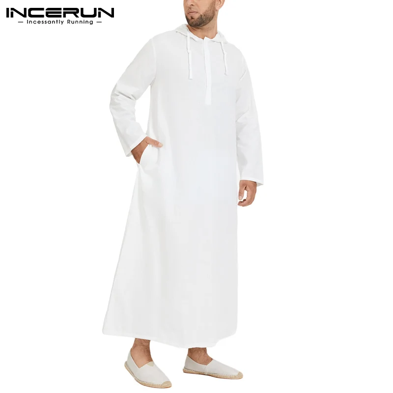 INCERUN Men Muslim Robe Hoodies Kaftan Saudi Arabic 2024 Caftan Long Sleeve Arabic Islamic Jubba Thobe Casual Man Clothing S-5XL