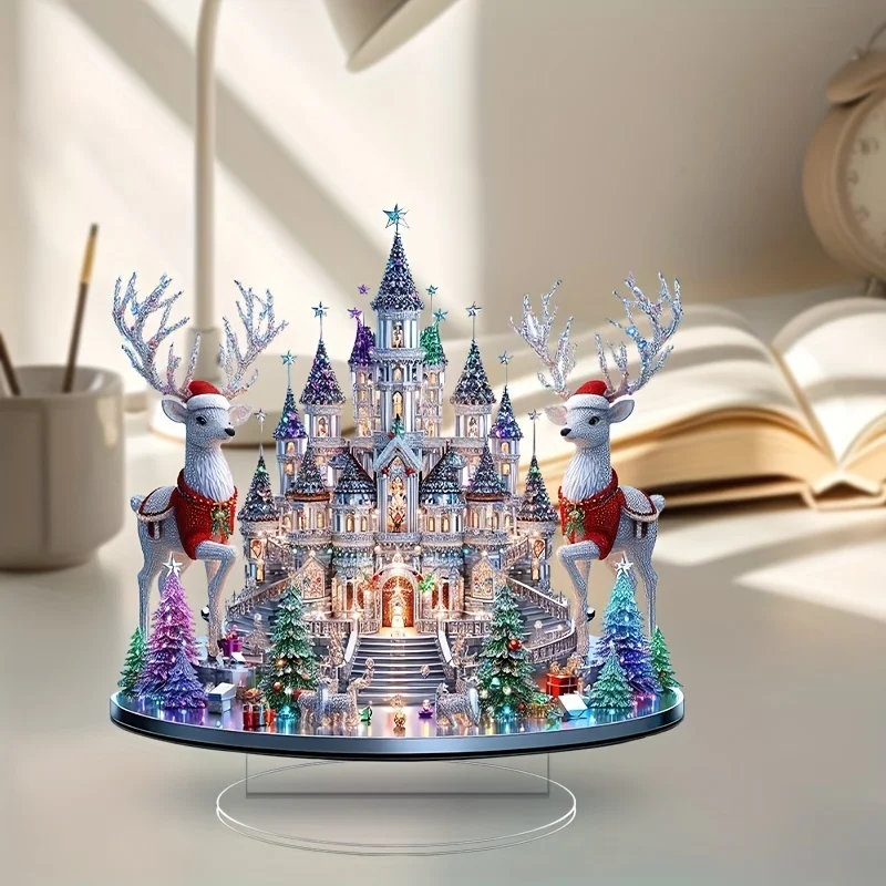 A 2D Flat Acrylic Tabletop Decoration Reindeer Crystal Castle, Suitable Bedrooms, Cafes, Living Rooms, As A Christmas Gift,