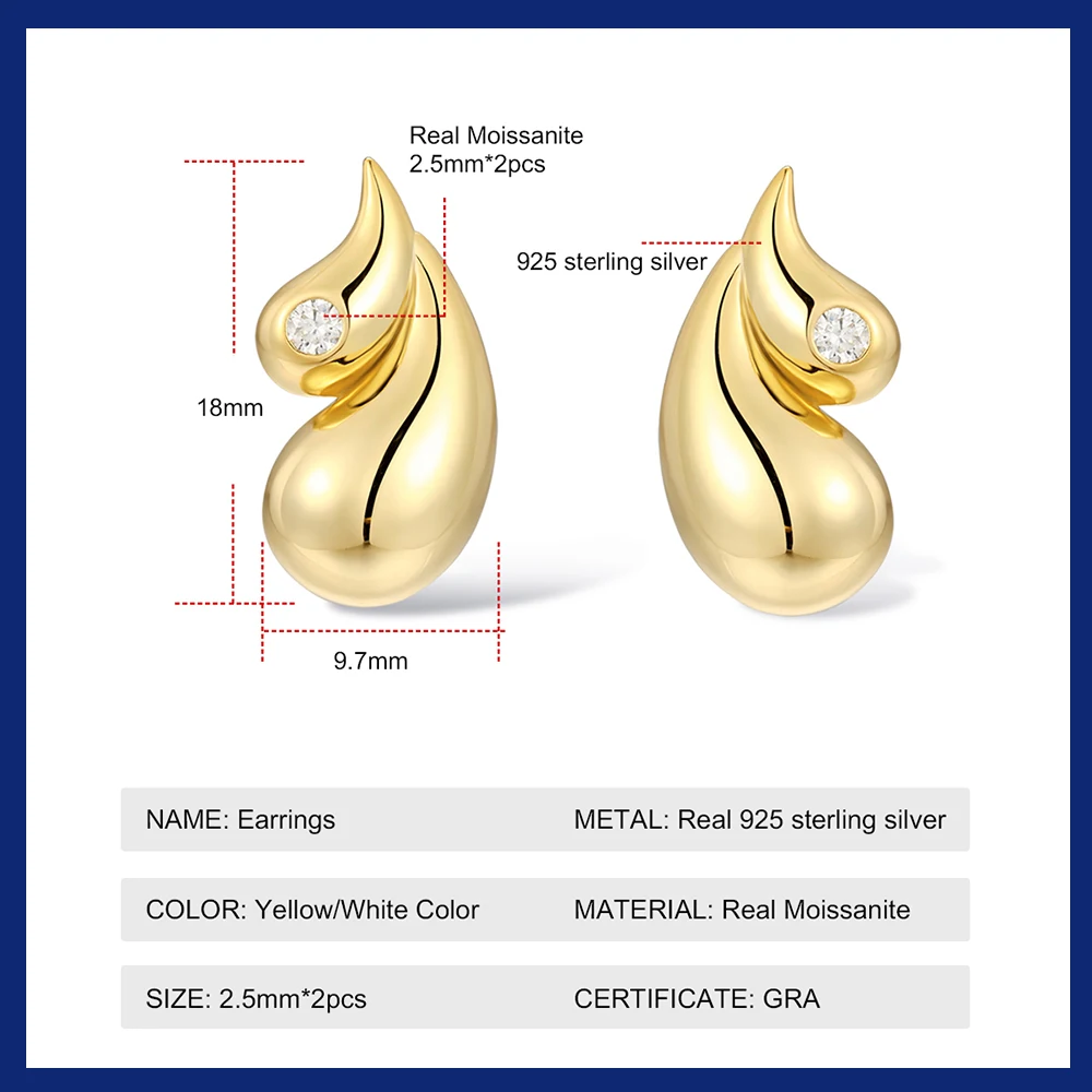 925 Sterling Silver 18k Gold Plated Water Drop Earrings For Women 2.5mm Moissanite Stud Earrings Vintage Chunky Popular Ear