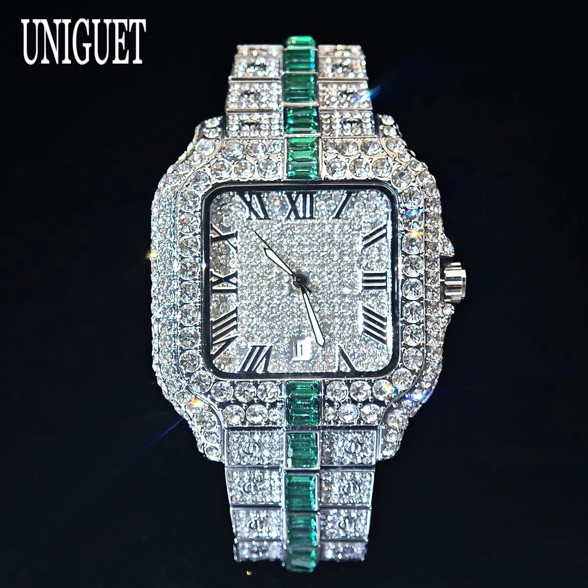 UNIGUET Luxury Iced Watches For Man Fashion Roman Literal Square Wrist Watch Hip Hop Rainbow Diamond Jewelry relogio masculino