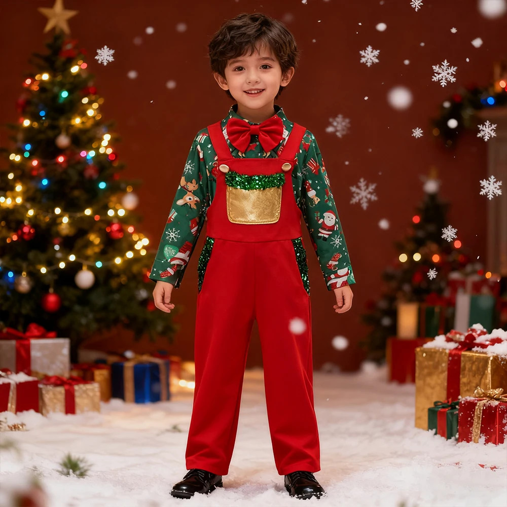

Christmas Costume Print Shirt+Red Jumpsuits 2Pcs Sets For Children Xmas Party Clothing Kids Birthday Dress Up Baby Boy Clothes