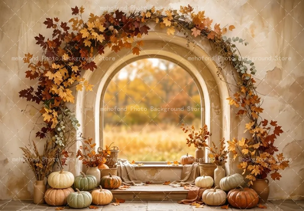 Mehofond Autumn Arched Door Simple Pumpkin Maple Leaf Photography Background Kids Birthday Family Portrait Photo Decoration