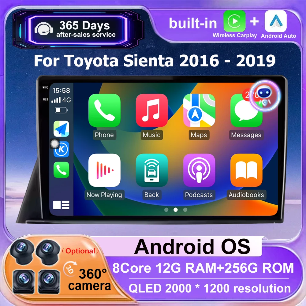 

Автомобильный радиоприемник, мультимедийный плеер, GPS-навигация, сенсорный экран для Toyota Sienta 2016-2019 Android 16 Auto Wireless Carplay BT DSP 4G