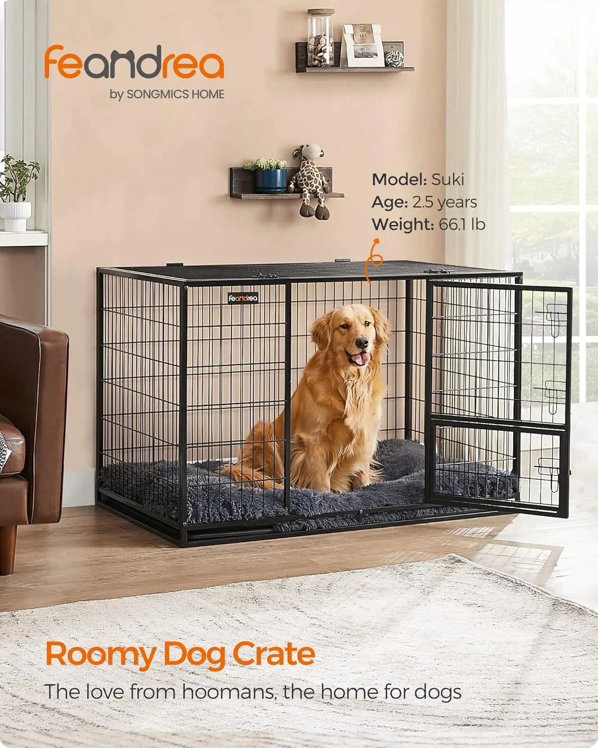 Heavy-Duty Dog Crate, Metal Dog Kennel and Cage with Removable Tray, XXL for Large Dogs, 48 x 29.3 x 31.7 Inches, Black