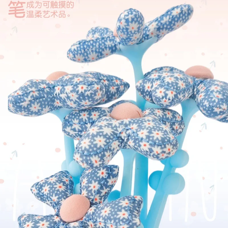 10PCS Blue Bottom Floral Fabric Flower Neutral Pen Fresh Floral Filling Small Flower Styling Pen Girl Heart Writing Decorative P