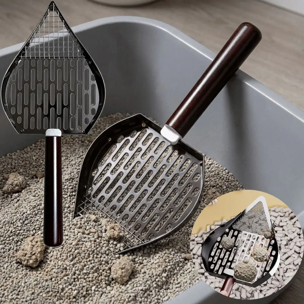 Stainless Steel Cat Litter Scoop Double Sifting Wood Handle Pet Waste Shovel Comfortable Grip Easy To Clean Kitten Poop Scooper