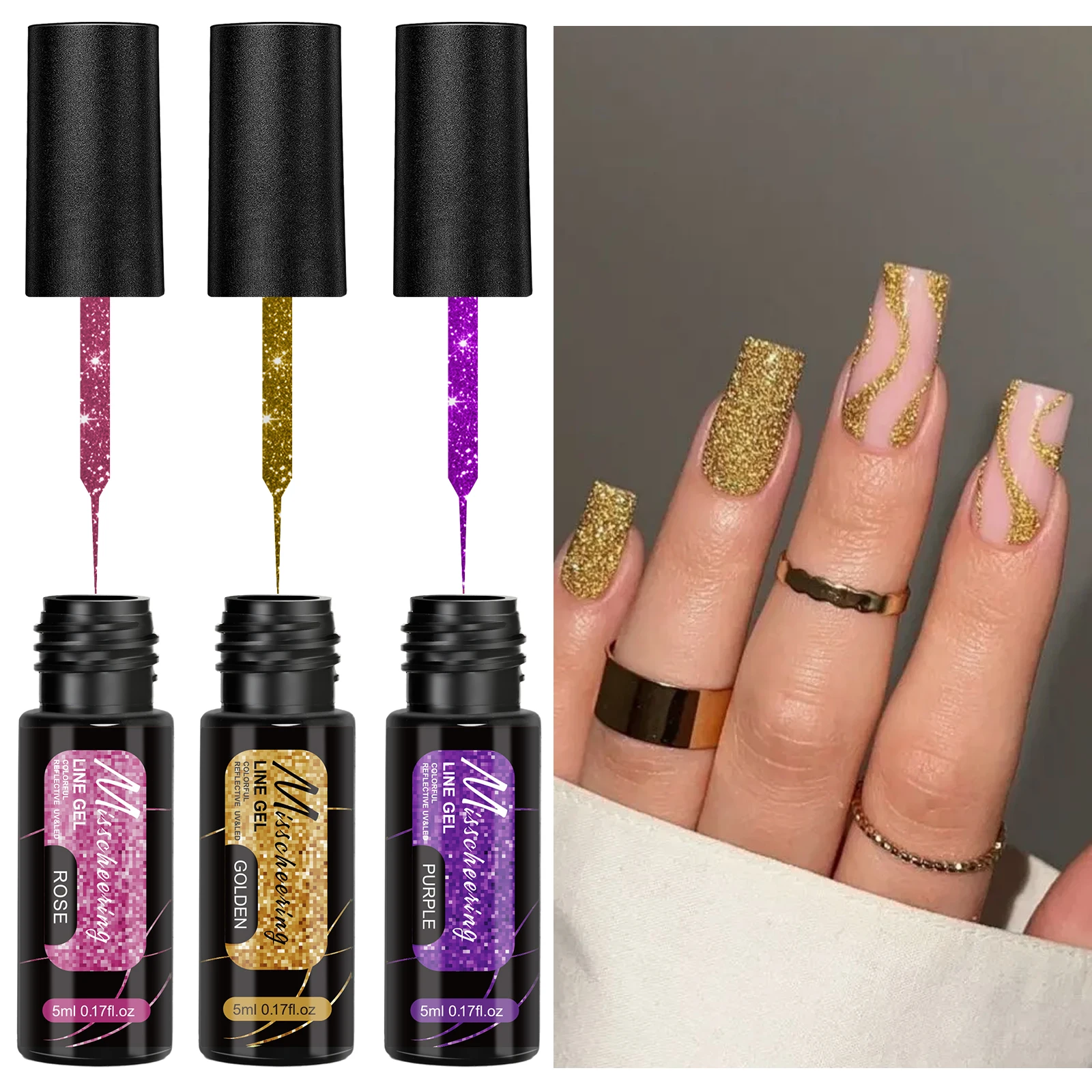 3pcs Fluorescent Line Gel Nail Polish Super Shiny Glitter Ultra Thin Line Painting Nail Art Graffiti Stripe Nail Art Gel Varnish