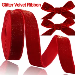 1 Meter Red Glitter Velvet Ribbon New Year DIY Decoration Shimmer Satin Ribbon for Christmas Gift Wedding Decor Hair Bow Craft