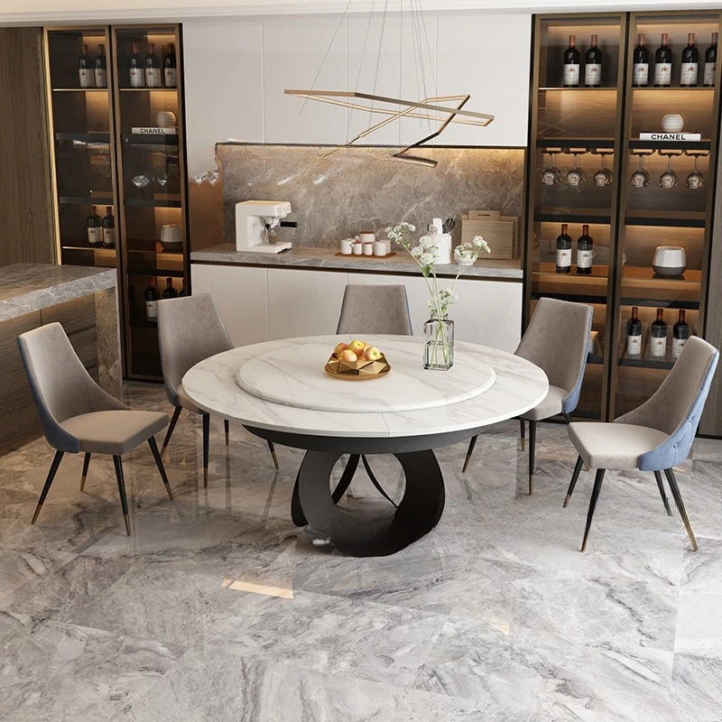Meja makan mewah bergaya Italia, pelat batu berkualitas tinggi, apartemen kecil dapat diputar dan ditarik, dapat diperbesar