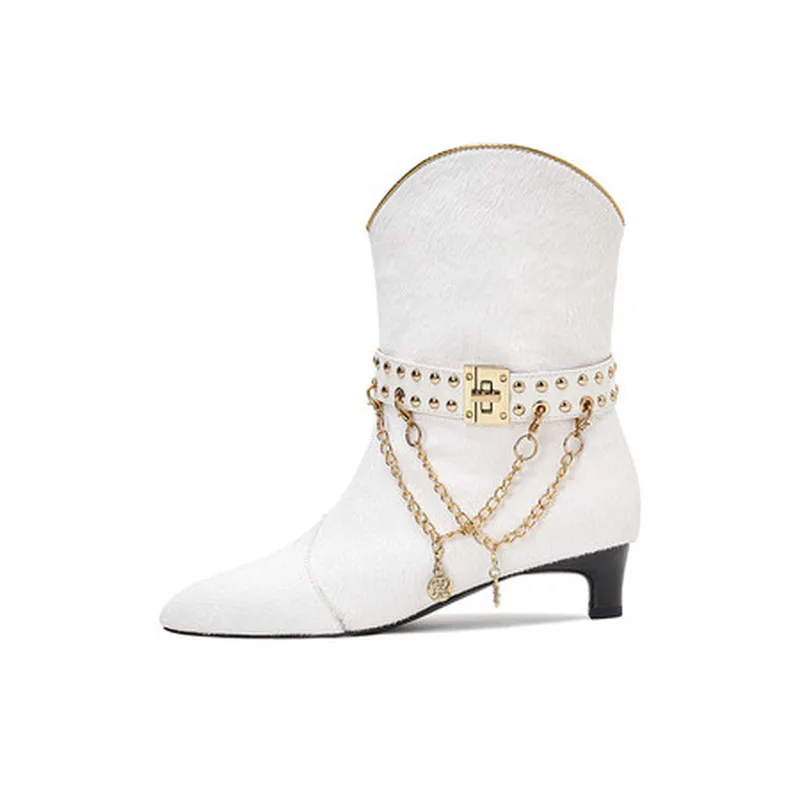 Women Genuine Horse Hair Western Ankle Boots 4cm Horseshoe Heel Pointed Toe Metal Chain Fashion Boots Size 34-43F431