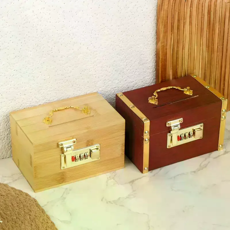 Wooden Combination Lock Piggy Bank Adult Treasure Box Savings Box Decorative Secure Lock Home Storage Gadget Safe And Anti-Theft