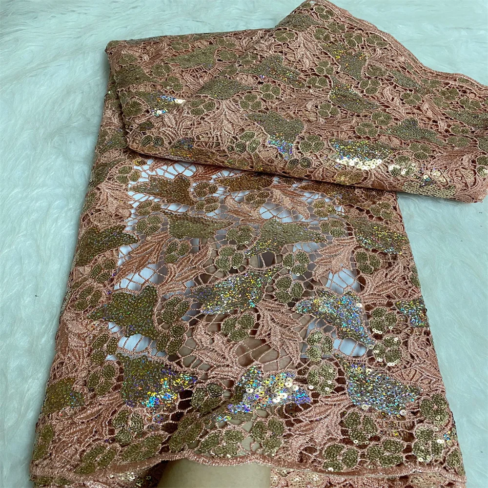 

2024 New African Guipure Lace Fabric Sequins Beads High Quality French Luxury Tulle Nigerian Net Lace Fabric For Wedding Dress
