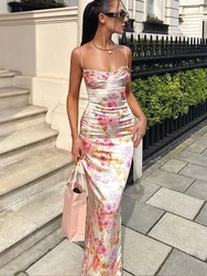 Suninheart letni pasek Spaghetti kwiatowy Print sukienki imprezowe elegancka Maxi Bodycon gość weselny sukienka na wakacje nowość w sukience 2023