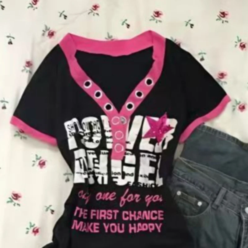 Y2k American Vintage Slim V Neck Patchwork Print T Shirts 2000s Subculture Summer Gothic Short Sleeve Tees Harajuku Casual Tops